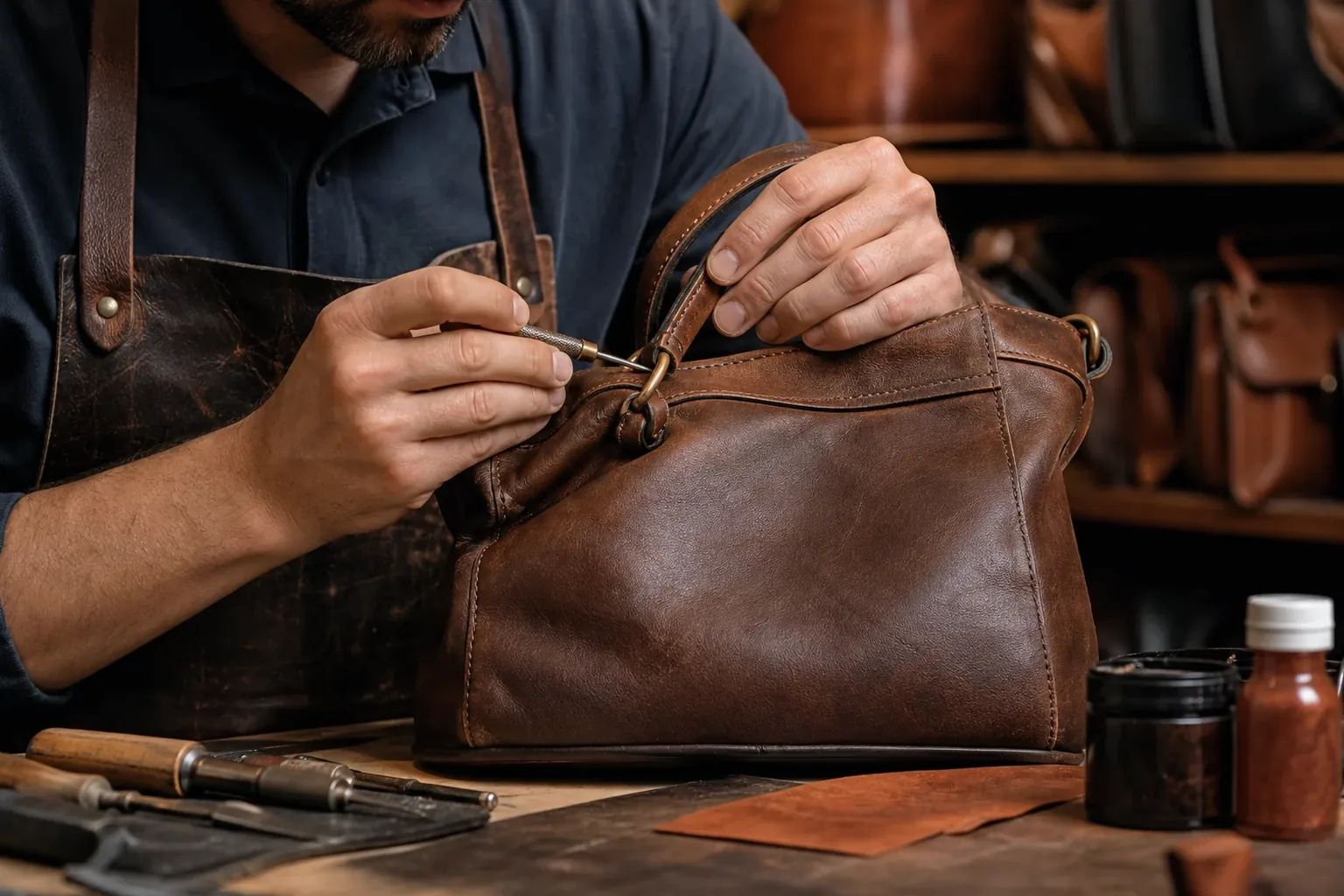 Sapateiro reformando bolsa de couro.
